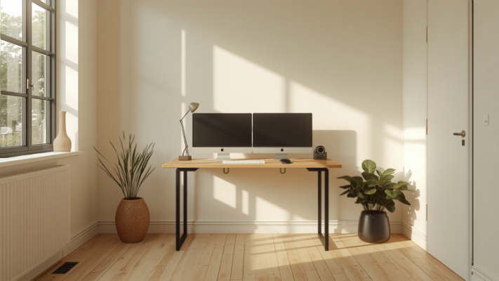 Home office desk with dual monitor setup