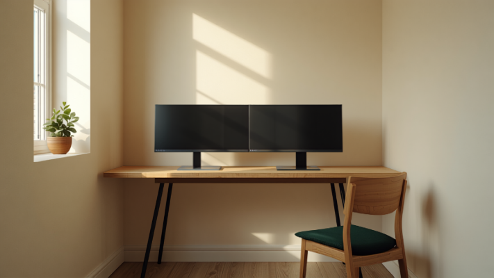 Complete home office setup with wooden desk, chair, and dual monitors