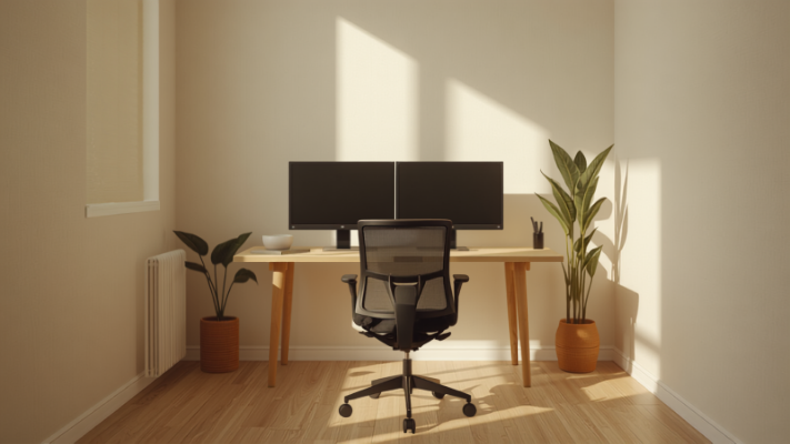 Home office desk setup with dual monitors and chair, minimalist room