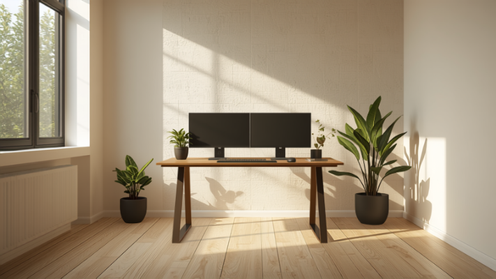 Complete home office setup with desk, chair, and dual monitors